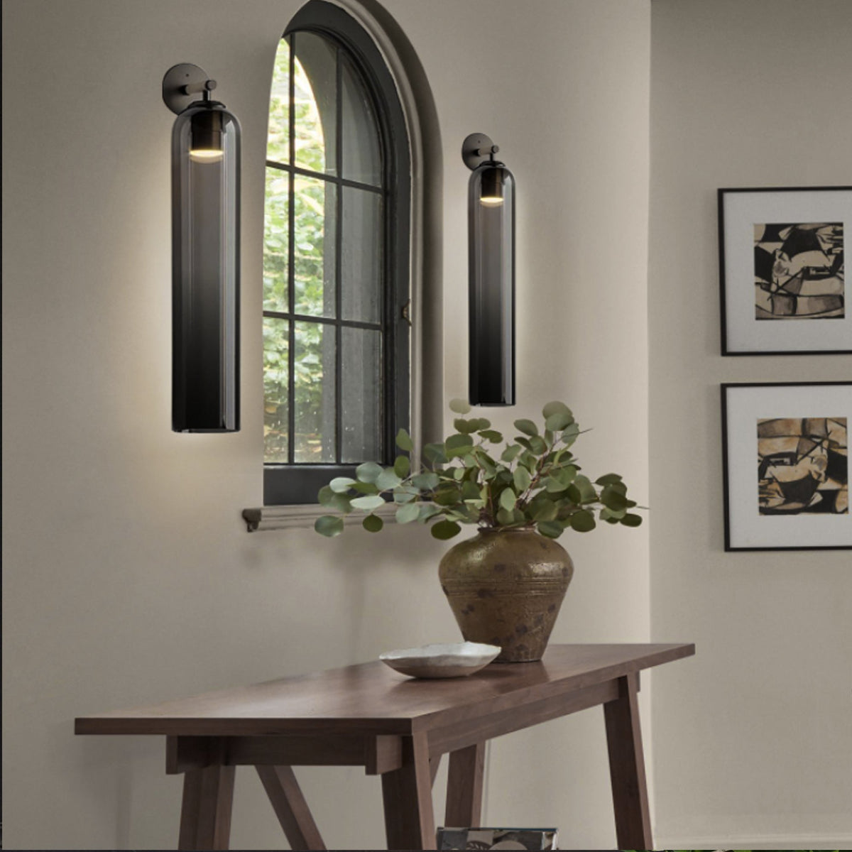 Aplique de pared cilíndrico de cristal, lámpara vertical de 19 pulgadas para sala de estar, dormitorio, pasillo, iluminación ambiental, montaje hacia arriba o hacia abajo, dorado, negro, níquel