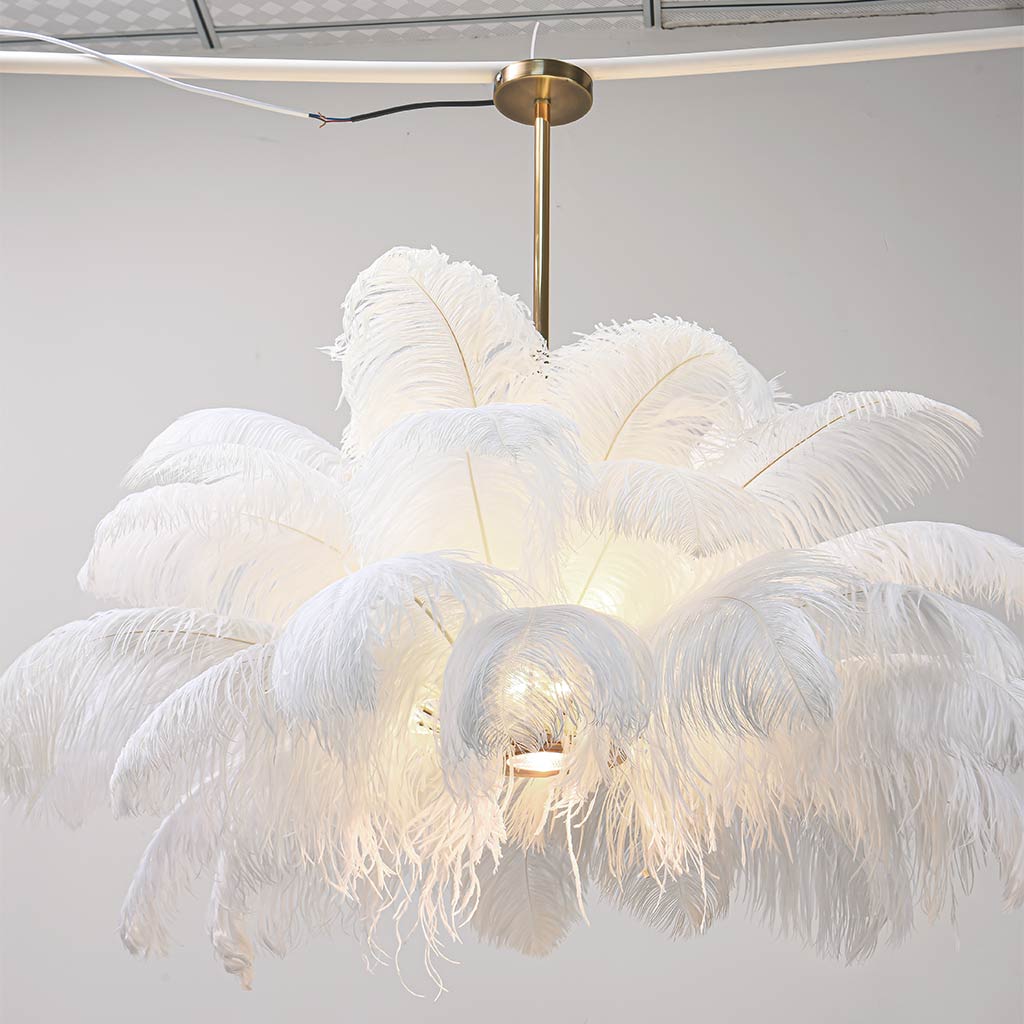 Feathered Ceiling Light White 31 in Adjustable LED Hanging Fixture for Bedroom Living Room Dining Room Statement Decor | Thomler