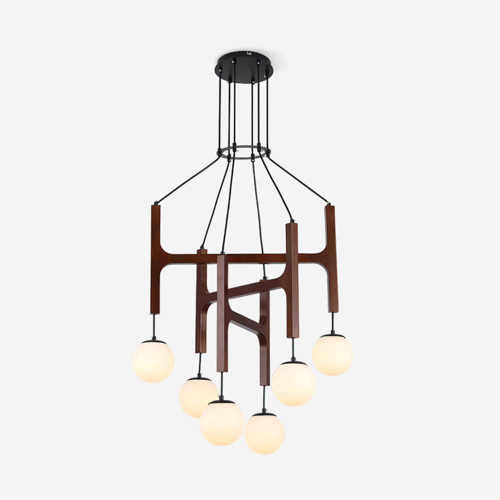 Houten hanglamp met meerdere armen, witte glazen bollen, in hoogte verstelbare kabel, 2-6 lampen, plafondverlichting voor eetkamer, modern boerderijdesign | Thomler