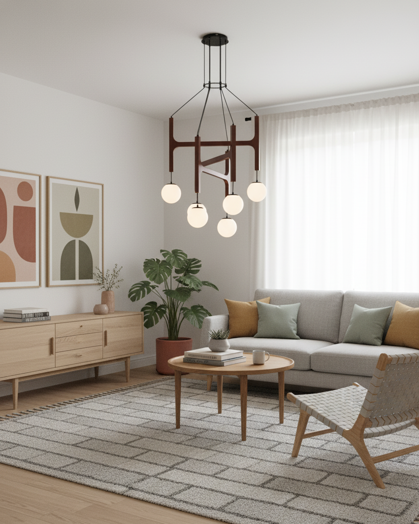 Houten hanglamp met meerdere armen, witte glazen bollen, in hoogte verstelbare kabel, 2-6 lampen, plafondverlichting voor eetkamer, modern boerderijdesign | Thomler