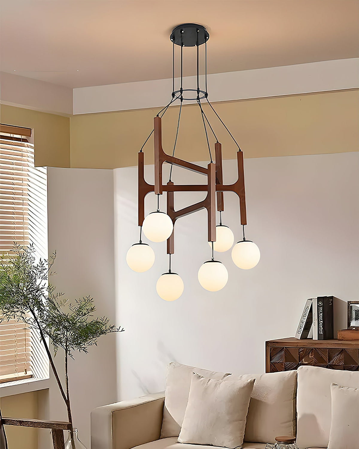 Houten hanglamp met meerdere armen, witte glazen bollen, in hoogte verstelbare kabel, 2-6 lampen, plafondverlichting voor eetkamer, modern boerderijdesign | Thomler