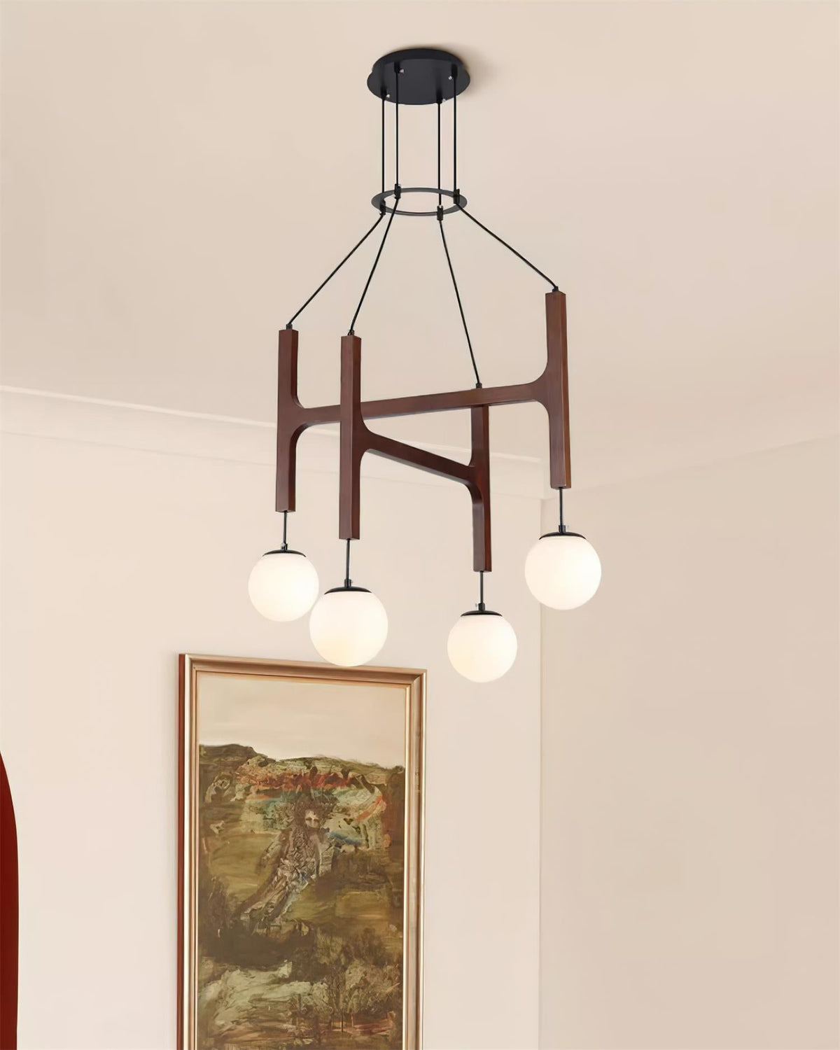 Houten hanglamp met meerdere armen, witte glazen bollen, in hoogte verstelbare kabel, 2-6 lampen, plafondverlichting voor eetkamer, modern boerderijdesign | Thomler