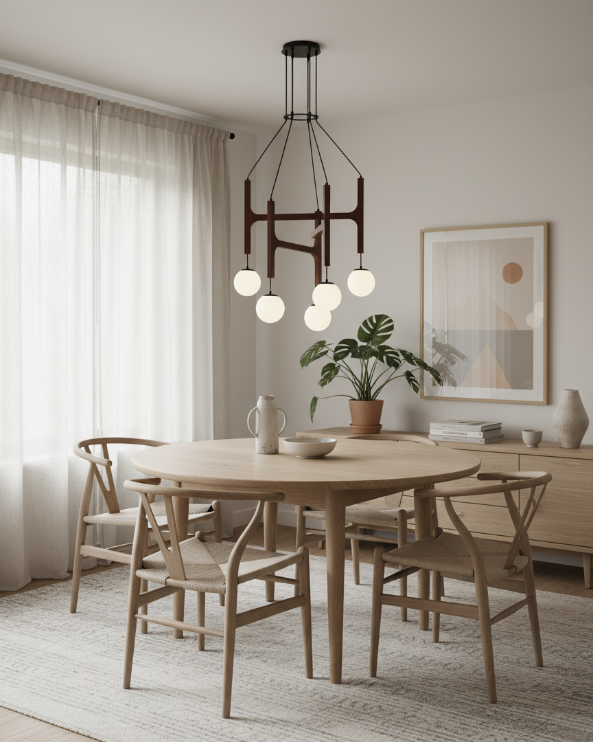 Houten hanglamp met meerdere armen, witte glazen bollen, in hoogte verstelbare kabel, 2-6 lampen, plafondverlichting voor eetkamer, modern boerderijdesign | Thomler