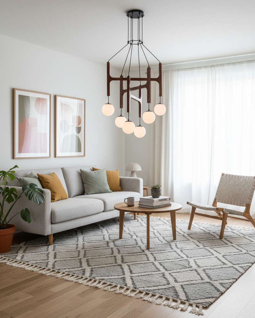 Houten hanglamp met meerdere armen, witte glazen bollen, in hoogte verstelbare kabel, 2-6 lampen, plafondverlichting voor eetkamer, modern boerderijdesign | Thomler