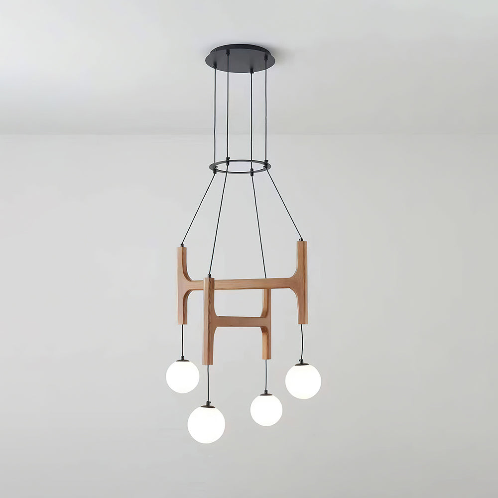 Houten hanglamp met meerdere armen, witte glazen bollen, in hoogte verstelbare kabel, 2-6 lampen, plafondverlichting voor eetkamer, modern boerderijdesign | Thomler