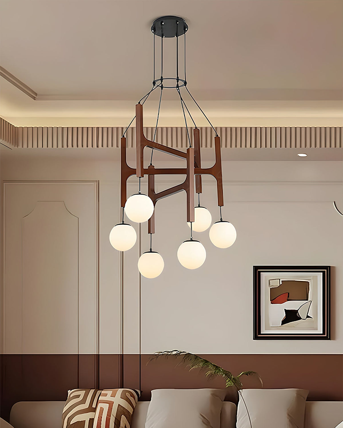 Houten hanglamp met meerdere armen, witte glazen bollen, in hoogte verstelbare kabel, 2-6 lampen, plafondverlichting voor eetkamer, modern boerderijdesign | Thomler