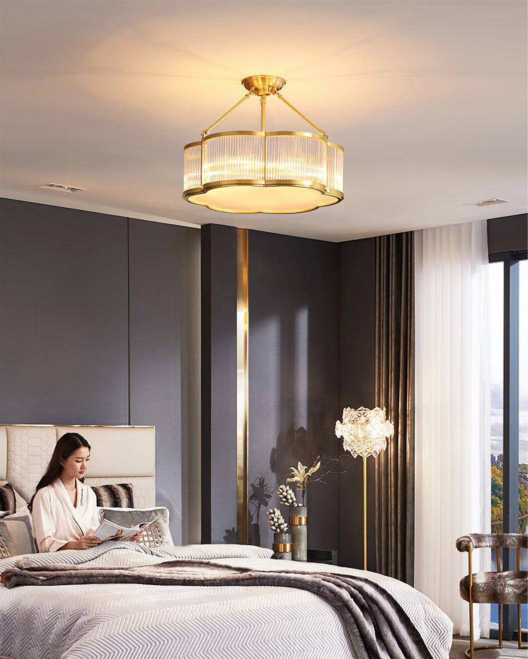 Brass Glass Flush Mount Ceiling Light 20 Inch Quatrefoil Design for Bedroom Living Room Dining Room Indoor Lighting Fixture | Thomler