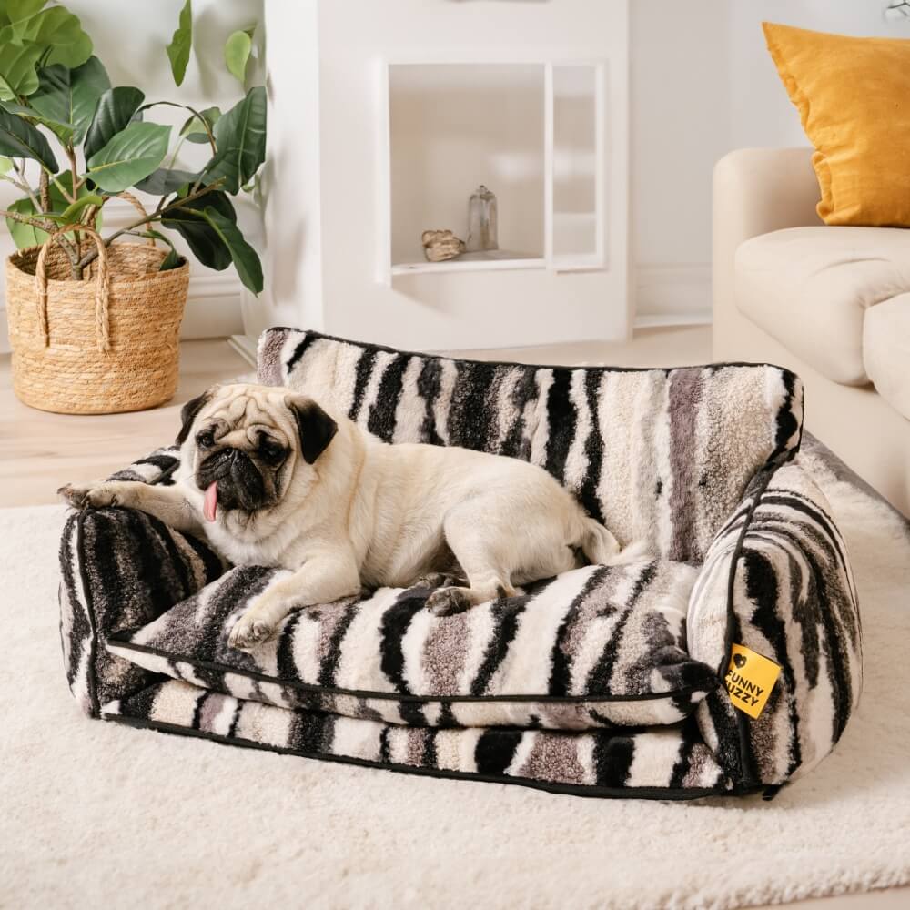 Plush Pet Couch with Washable Cover - Dual-Layer Cushioned Lounger for Dogs & Cats - Striped Fleece Nap Spot
