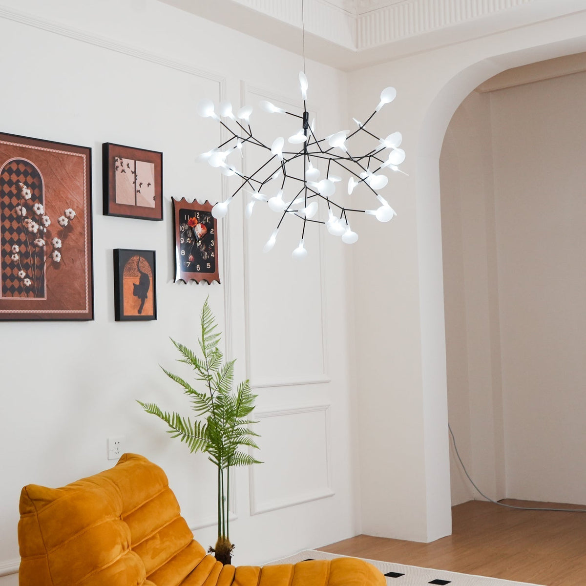 Vertakkende led-kroonluchter met acryl bloemblaadjes, zwarte afwerking, 20W geïntegreerde verlichting, dimbaar, optionele afstandsbediening, modern statement-armatuur, voor binnenshuis/woonkamer