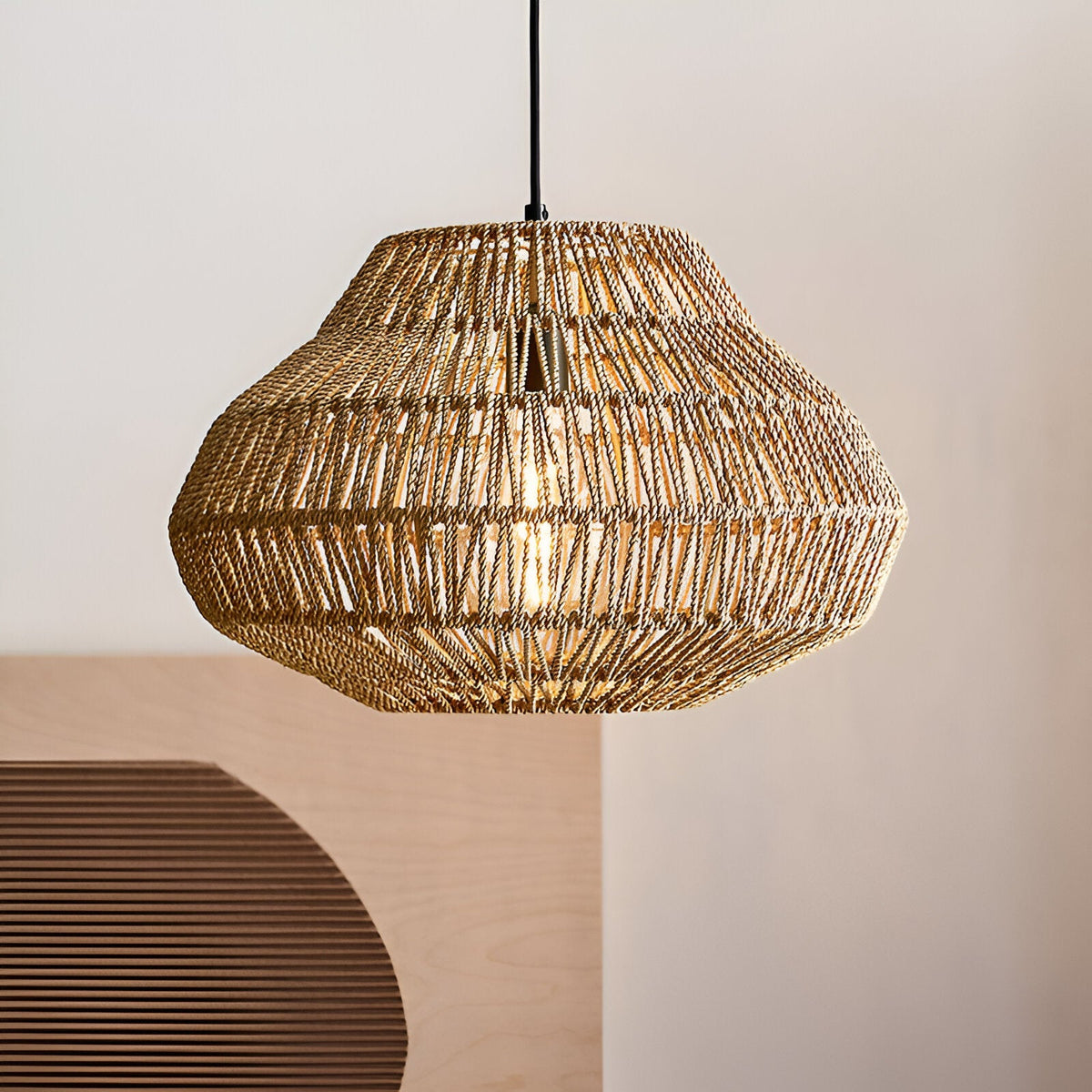 Gevlochten hanglamp, kap van natuurlijke vezels, plafondlamp met verstelbare hoogte voor eettafel, kookeiland, slaapkamer, boho, coastal, Japandi | Thomler