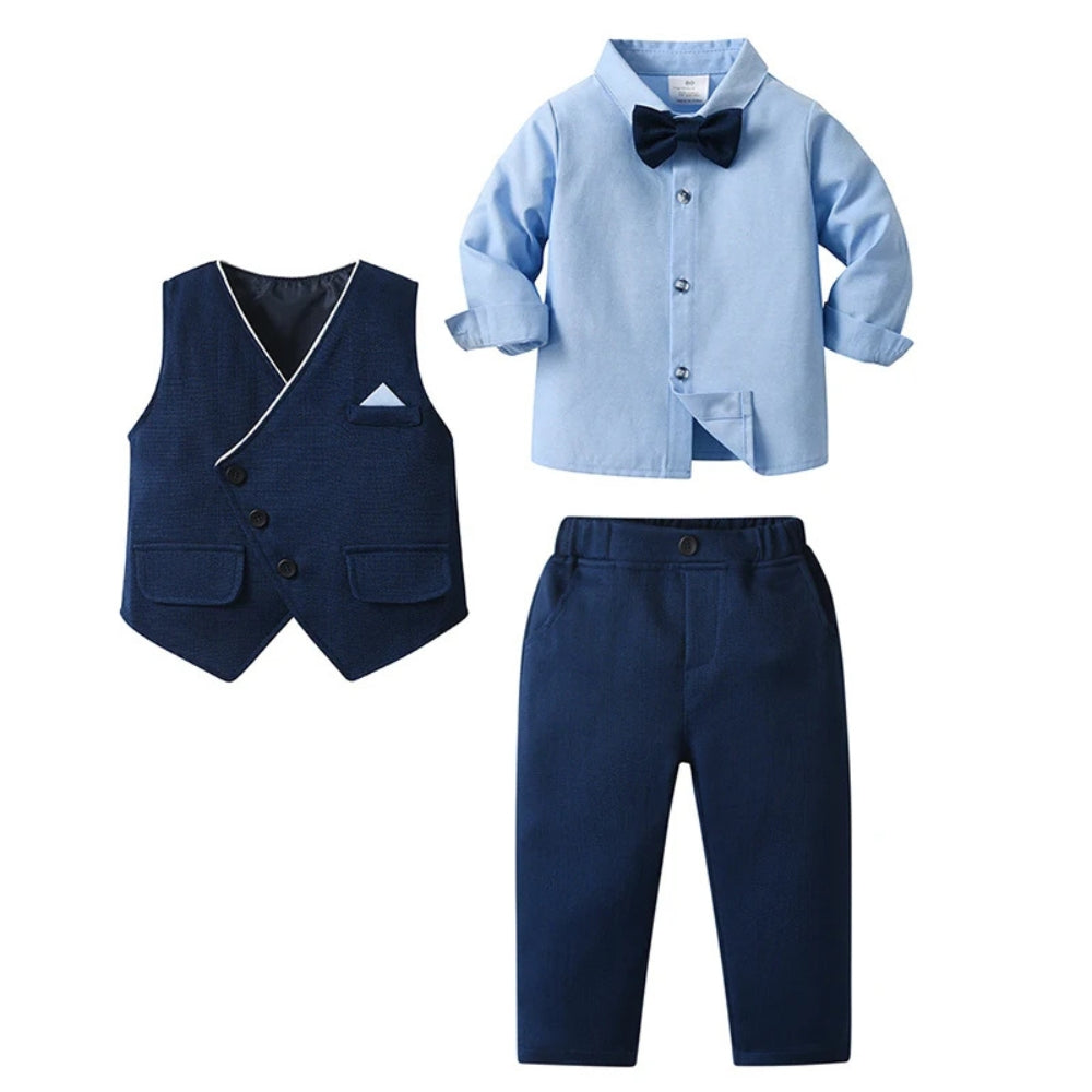 Festliches 3-teiliges Anzug-Set für Jungen mit Hemd, Weste, Hose & Fliege für Hochzeiten, Partys & besondere Anlässe | Weiches Baumwoll-Outfit