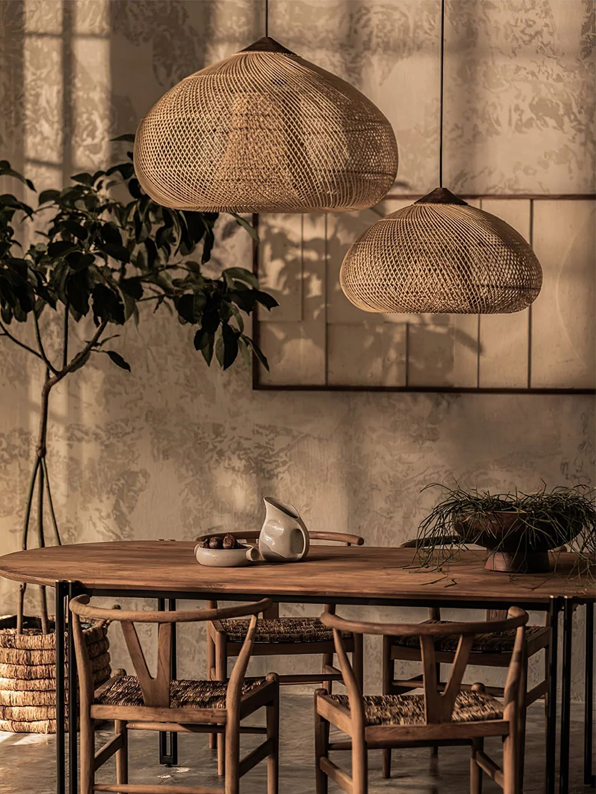 Handwoven Rattan Ceiling Light Fixture for Dining Room and Kitchen Island Over Table Adjustable Drop Natural Fiber Pendant Shade Wood Metal
