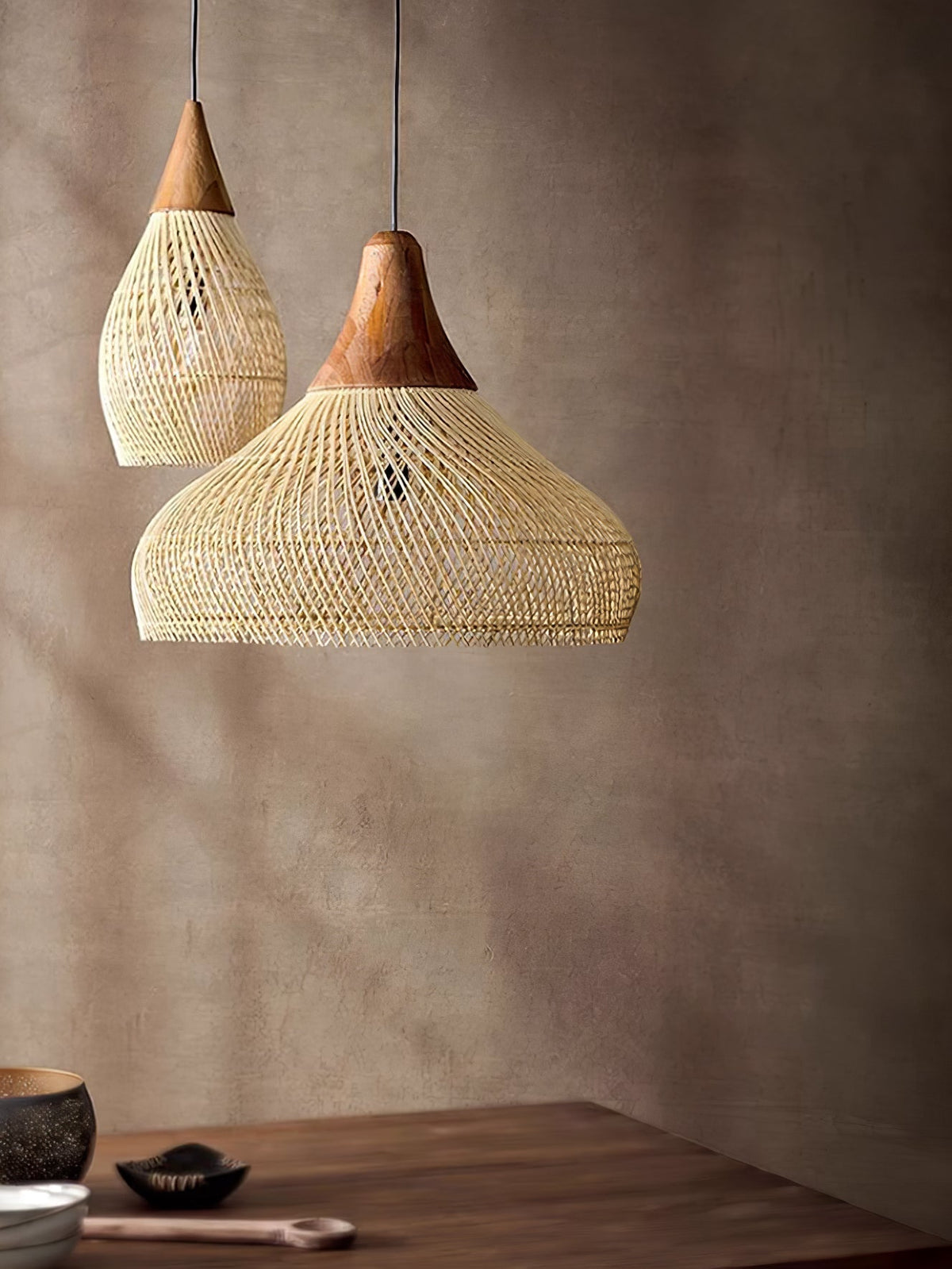 Handwoven Rattan Ceiling Light Fixture for Dining Room and Kitchen Island Over Table Adjustable Drop Natural Fiber Pendant Shade Wood Metal