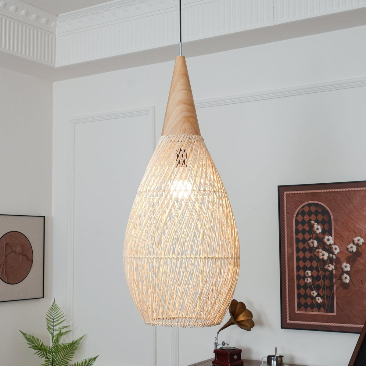 Handwoven Rattan Ceiling Light Fixture for Dining Room and Kitchen Island Over Table Adjustable Drop Natural Fiber Pendant Shade Wood Metal
