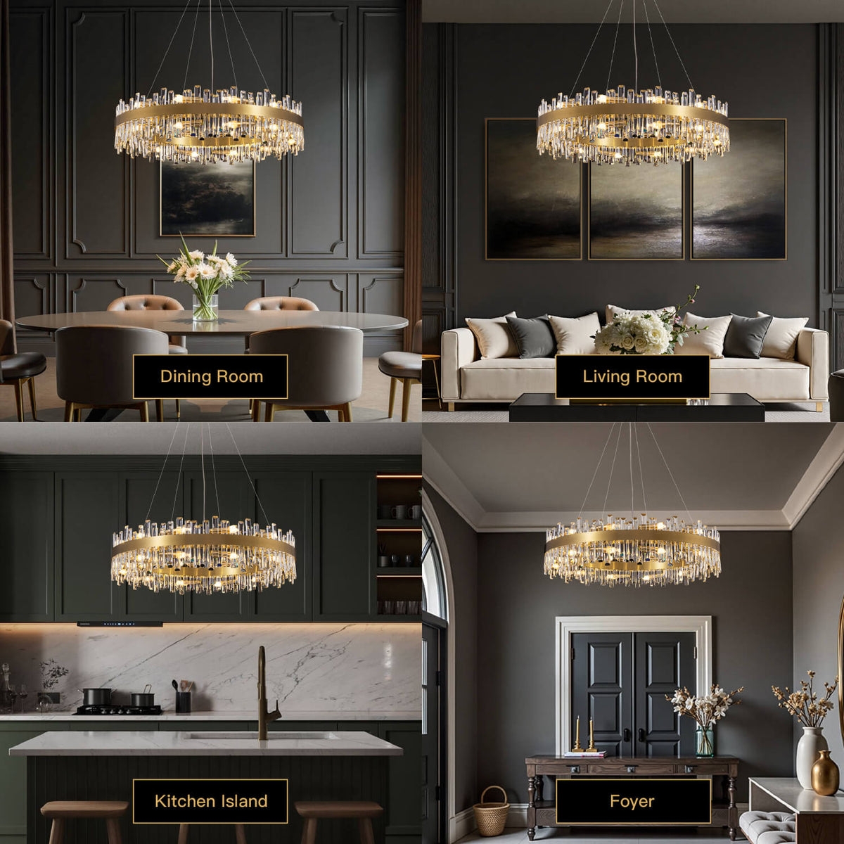 Tiered Crystal Ceiling Fixture in Gold Finish for Dining Rooms and Kitchen Islands – Adjustable Height, Multi-Size Options, E12 Candelabra B | Thomler