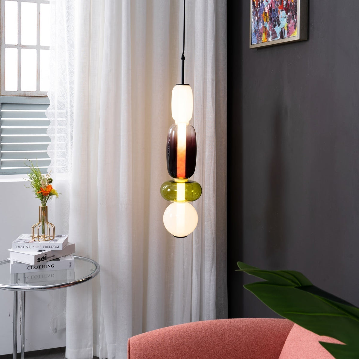 Handblown Glass Drop Pendant LED 7-inch Multi-Color Chandelier Dimmable Ceiling Light Adjustable for Kitchen Island Dining Table Living Room | Thomler