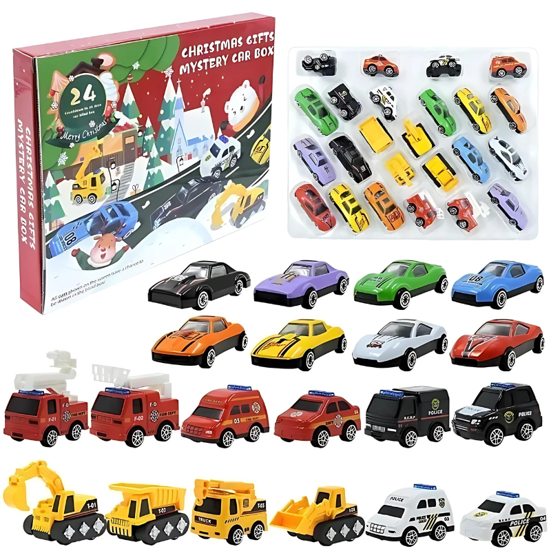 Adventskalender mit 24 Mini-Fahrzeugen, tägliche Überraschungsbox für Kinder, 10-in-1-Spielset mit verschiedenen Themen, Weihnachtsgeschenk für Kinder | Thomler