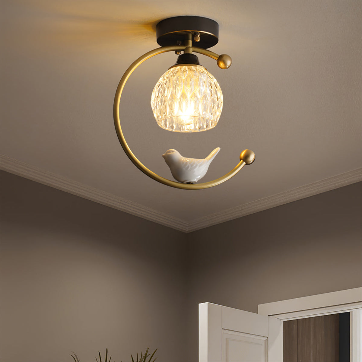 Decorative Bird Pendant Light with Brass Frame & Glass Shade for Bedroom, Dining Room & Living Room | Indoor Hanging Fixture 9 in × 11 in | Thomler