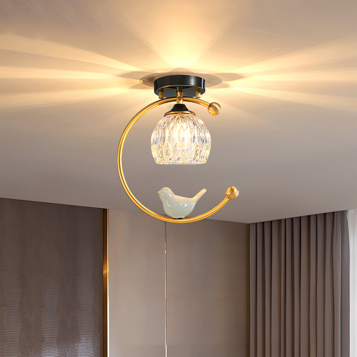 Decoratieve vogelhanglamp met messing frame en glazen kap voor slaapkamer, eetkamer en woonkamer | Hangende armatuur voor binnen 23 cm × 28 cm | Thomler