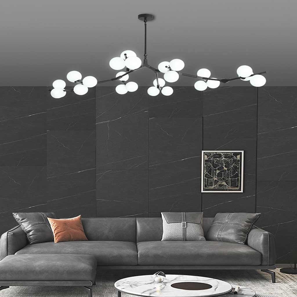 Sculpturale glazen bolkroonluchter met instelbare ledverlichting — Statement-armatuur met metalen frame met meerdere armen voor open eetruimtes, grote kamers & | Thomler