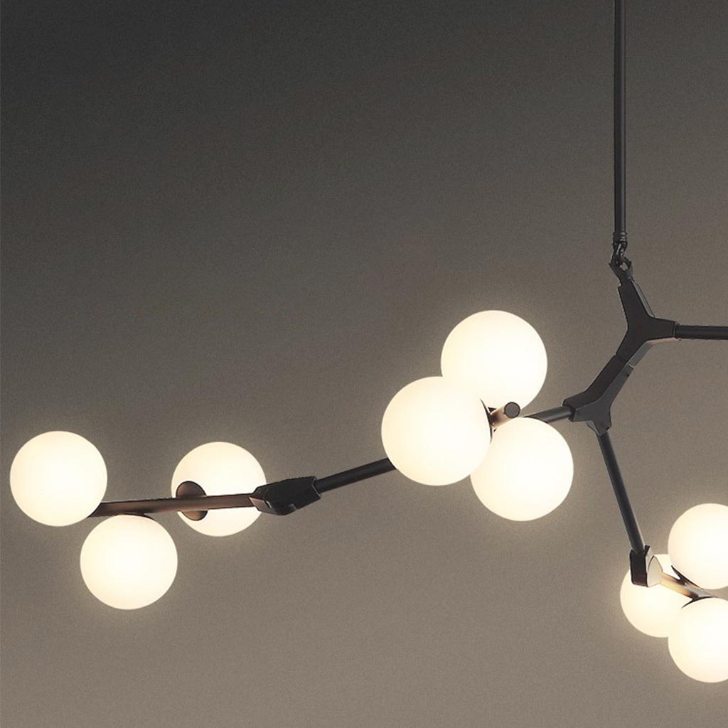 Sculpturale glazen bolkroonluchter met instelbare ledverlichting — Statement-armatuur met metalen frame met meerdere armen voor open eetruimtes, grote kamers & | Thomler