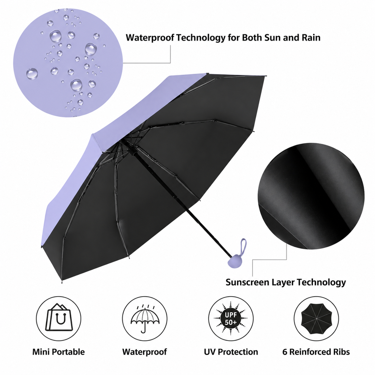Compact Mini Umbrella with UPF 50+ Sun Protection & Wind-Resistant Frame for Travel & Everyday Carry