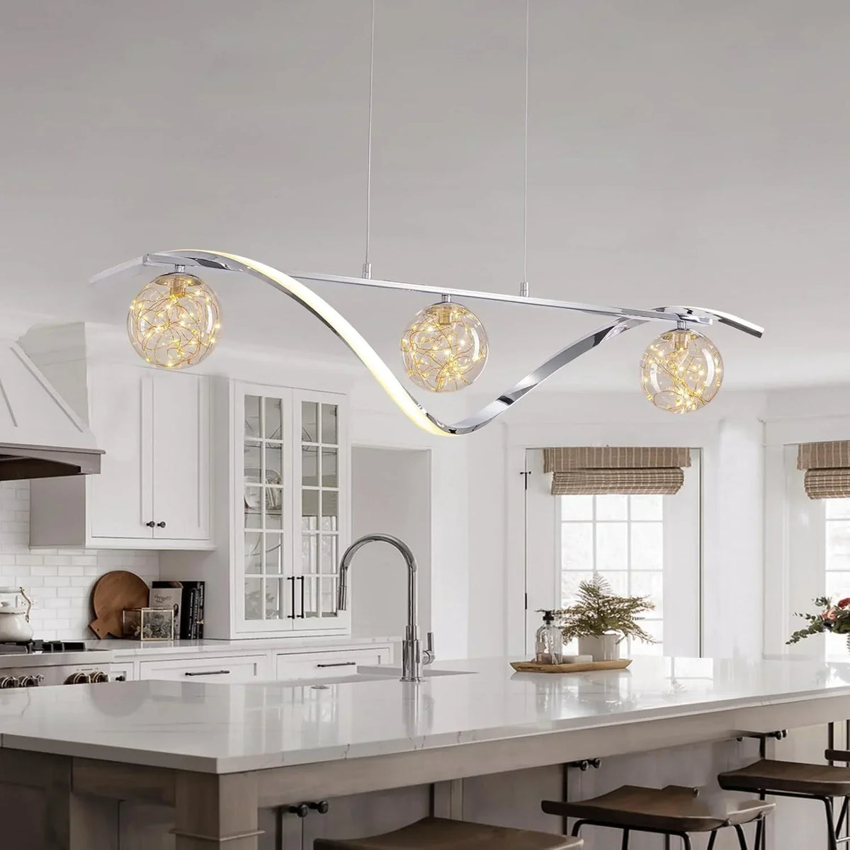 Linear LED Ceiling Fixture with Glass Globes for Dining Table & Island – 39 inch Gold or Chrome Hanging Lamp with Adjustable Height – Modern | Thomler