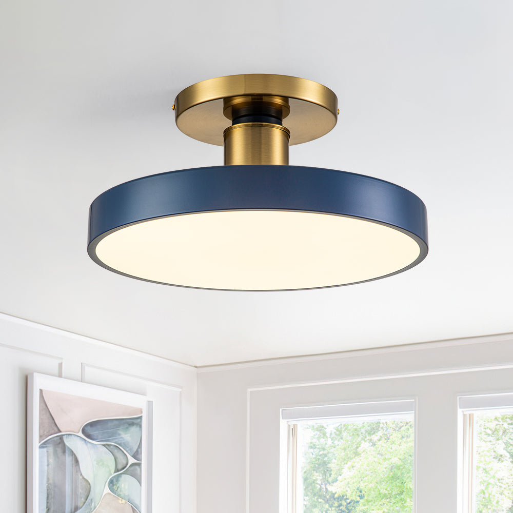 16-Inch Round LED Semi-Flush Ceiling Fixture Navy Blue with Brass Trim Dimmable 5 Color Temperatures for Bedroom Living Room Kitchen Hallway | Thomler