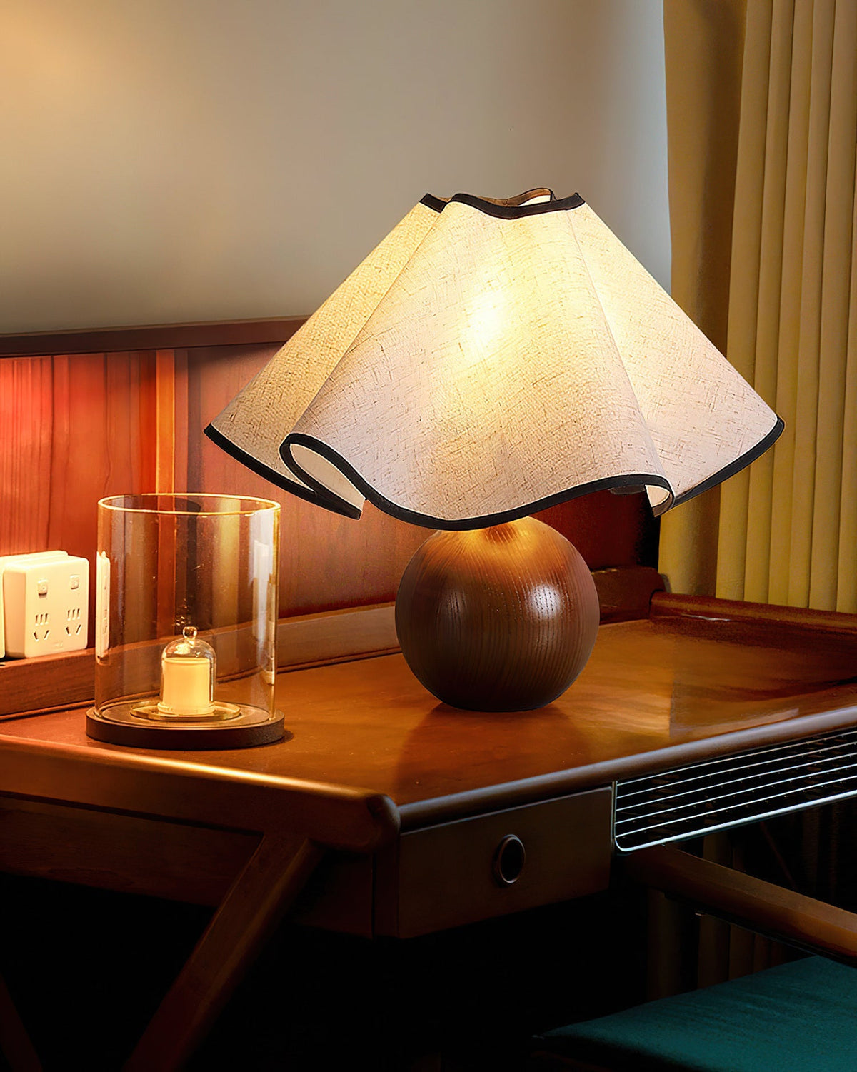 Wooden Desk Lamp with Fabric Shade for Bedroom Nightstand Reading Light Home Office Study Table Lighting 12 in Diameter Ambient Glow Bulb No | Thomler