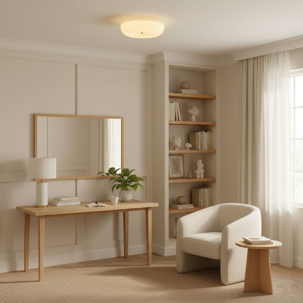 Lámpara de techo de montaje empotrado con cúpula de cristal de 16 pulgadas, color crema, redonda, LED, para dormitorio, sala de estar, comedor, perfil bajo, regulable, moderna para el hogar | Thomler