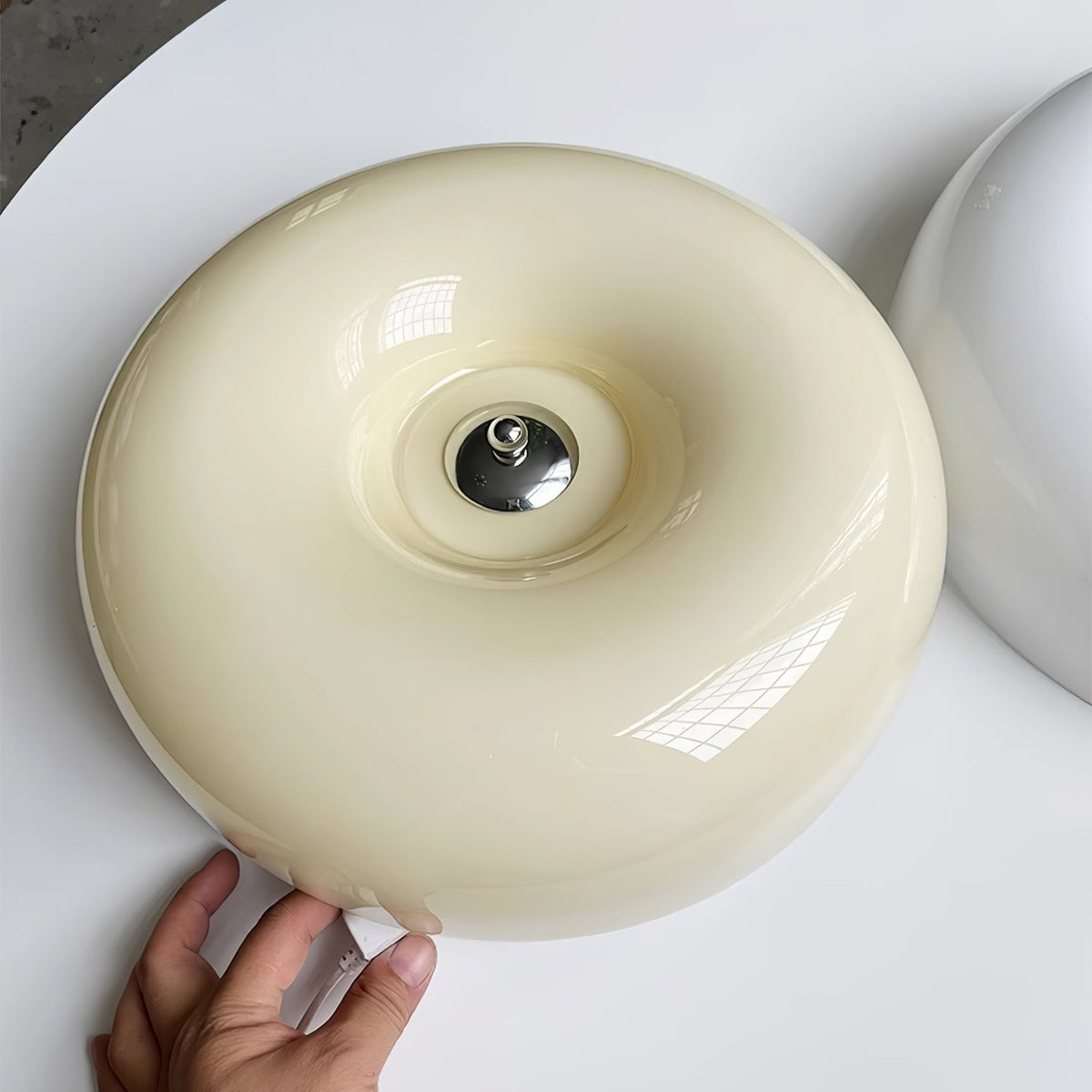Lámpara de techo de montaje empotrado con cúpula de cristal de 16 pulgadas, color crema, redonda, LED, para dormitorio, sala de estar, comedor, perfil bajo, regulable, moderna para el hogar | Thomler