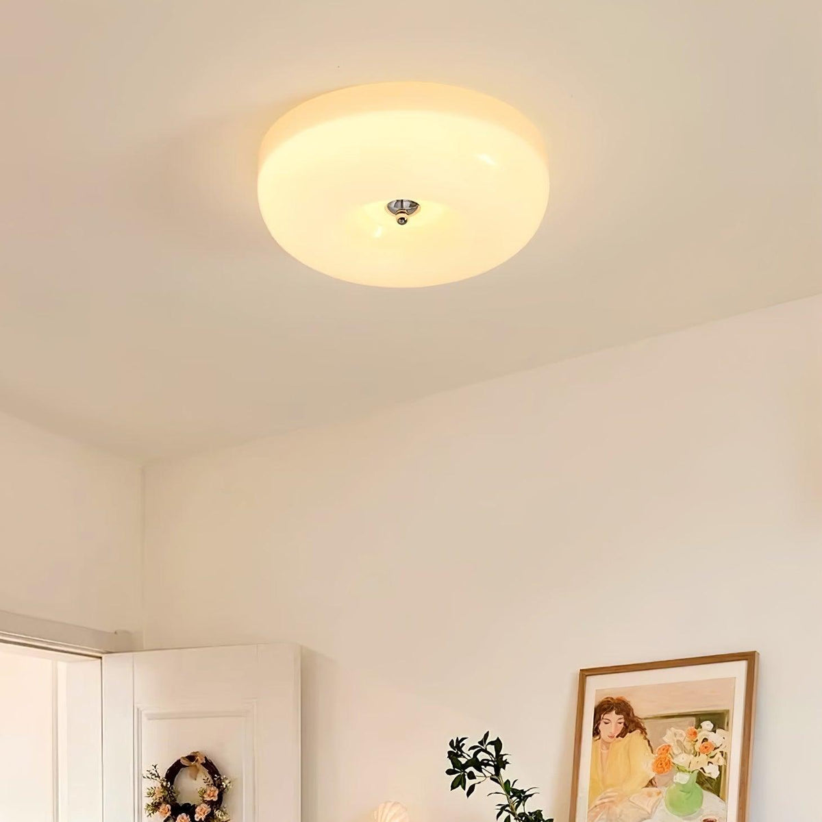 Lámpara de techo de montaje empotrado con cúpula de cristal de 16 pulgadas, color crema, redonda, LED, para dormitorio, sala de estar, comedor, perfil bajo, regulable, moderna para el hogar | Thomler