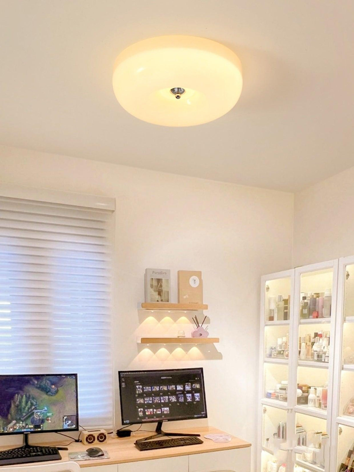 Lámpara de techo de montaje empotrado con cúpula de cristal de 16 pulgadas, color crema, redonda, LED, para dormitorio, sala de estar, comedor, perfil bajo, regulable, moderna para el hogar | Thomler