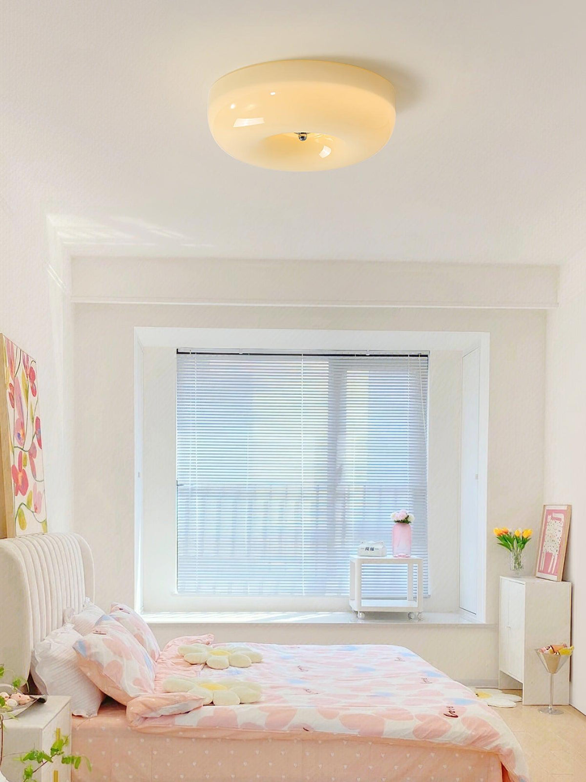 Lámpara de techo de montaje empotrado con cúpula de cristal de 16 pulgadas, color crema, redonda, LED, para dormitorio, sala de estar, comedor, perfil bajo, regulable, moderna para el hogar | Thomler