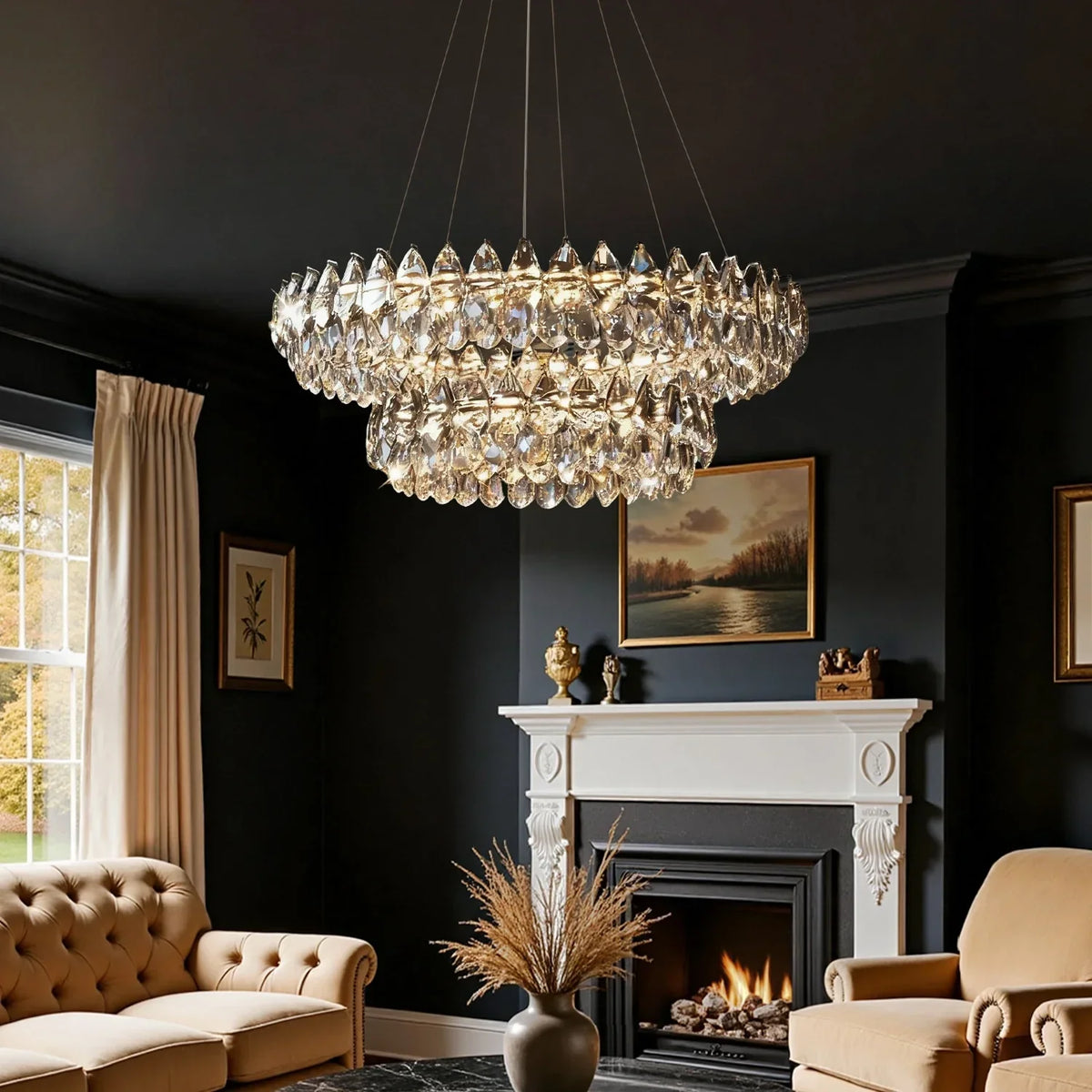 Double Ring Crystal Ceiling Light with Adjustable Height for Dining Room Living Room | Three Color Temperatures Chrome Finish | Teardrop Pen | Thomler