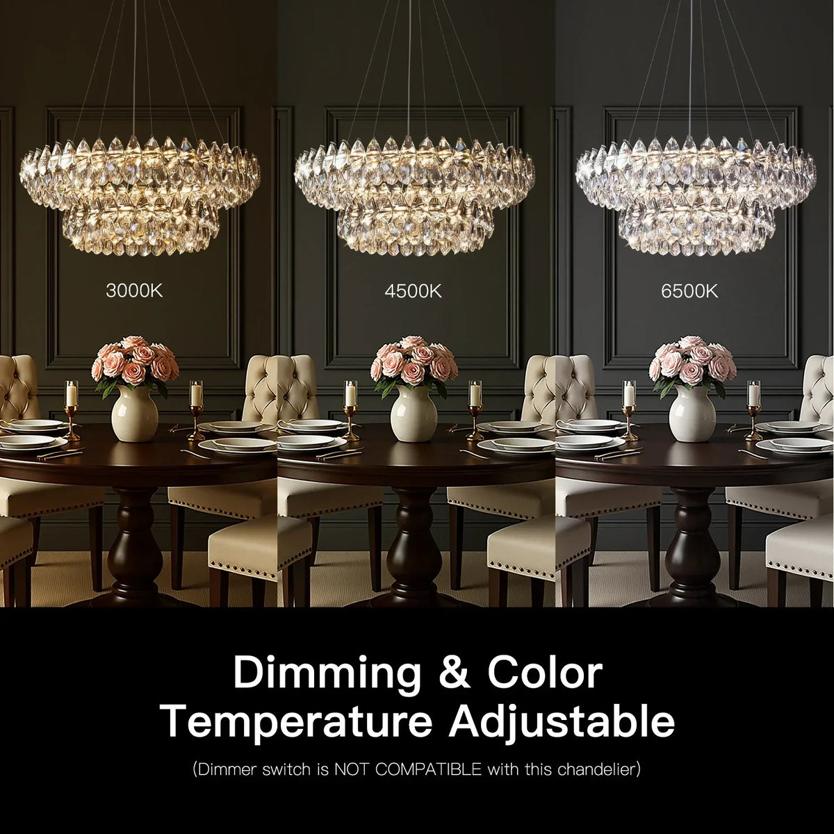 Double Ring Crystal Ceiling Light with Adjustable Height for Dining Room Living Room | Three Color Temperatures Chrome Finish | Teardrop Pen | Thomler