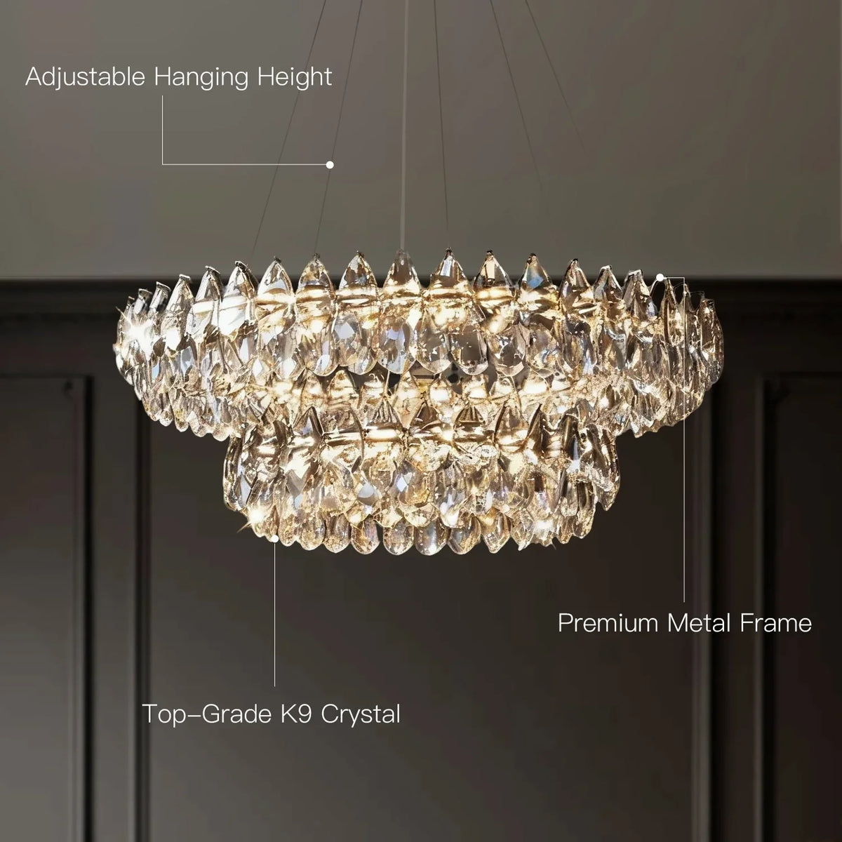 Double Ring Crystal Ceiling Light with Adjustable Height for Dining Room Living Room | Three Color Temperatures Chrome Finish | Teardrop Pen | Thomler
