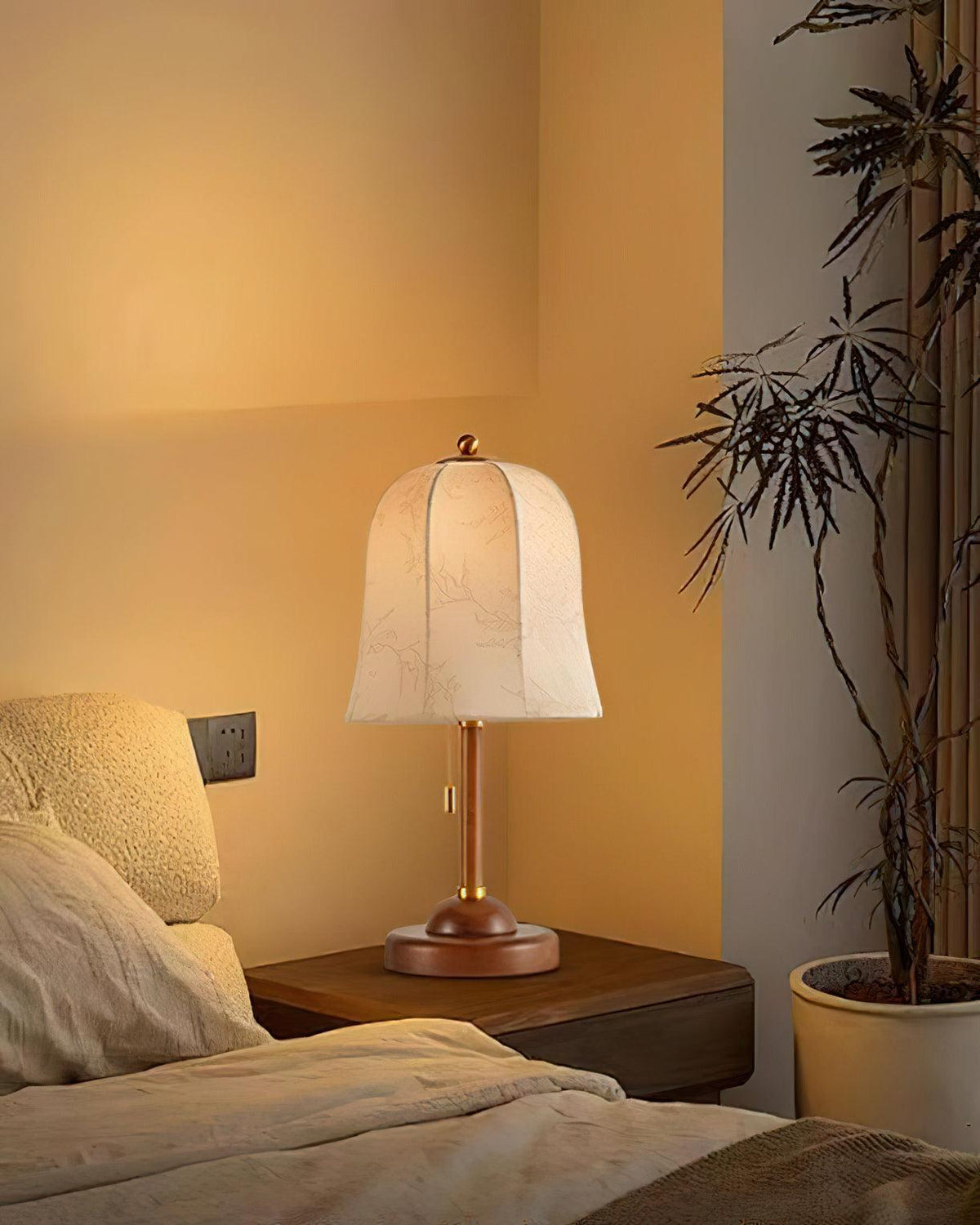 Nightstand Lamp with Fabric Shade 9-Inch Dimmable Task Light Copper Walnut Finish Bedroom Reading Side Table Lighting Home Decor | Thomler