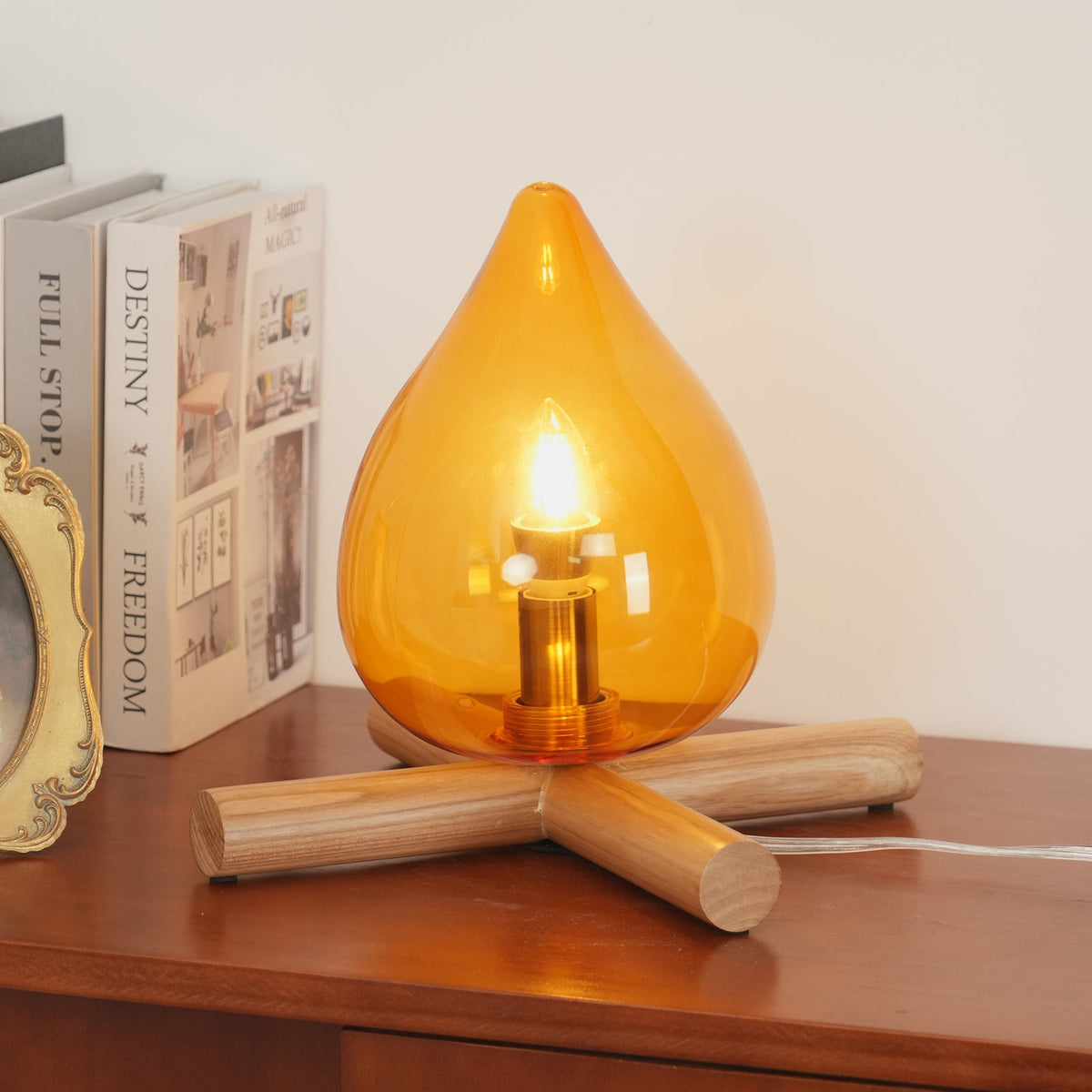 Handcrafted Orb Desk Lamp with Adjustable Color Settings – Wood & Glass Bedside Light for Cozy Home Office Reading Nook Nightstand – 12 Inch | Thomler
