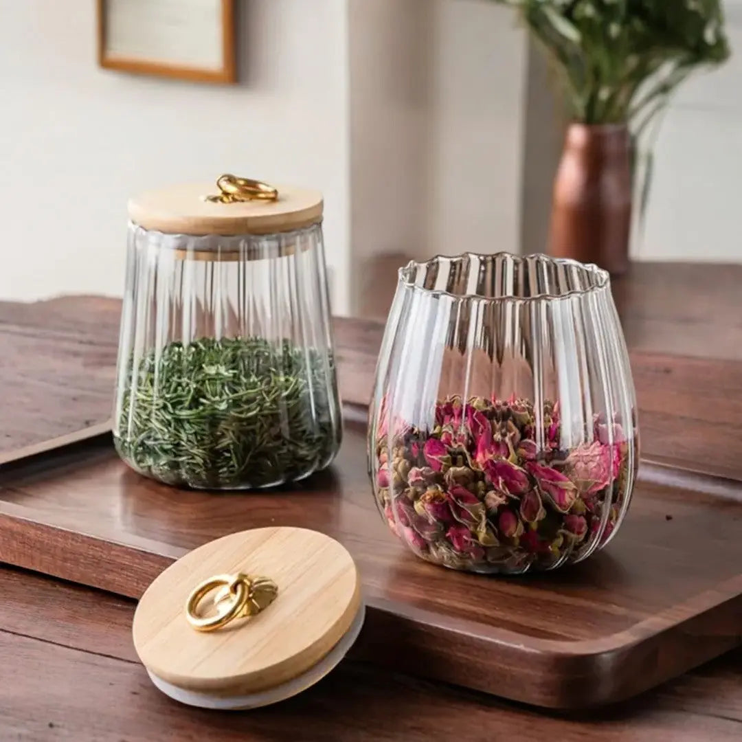 Tarro de cristal con tapa de madera para organización de despensa, frasco de almacenamiento para encimera de cocina para granos de café, té en hebras, hierbas secas, aperitivos, transparente | Thomler