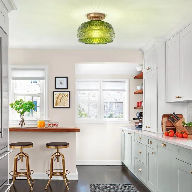 Glass Semi-Flush Ceiling Fixture – 9 in Dome Shade in Amber, Clear or Green for Bedrooms, Entryways & Low Ceilings | Thomler