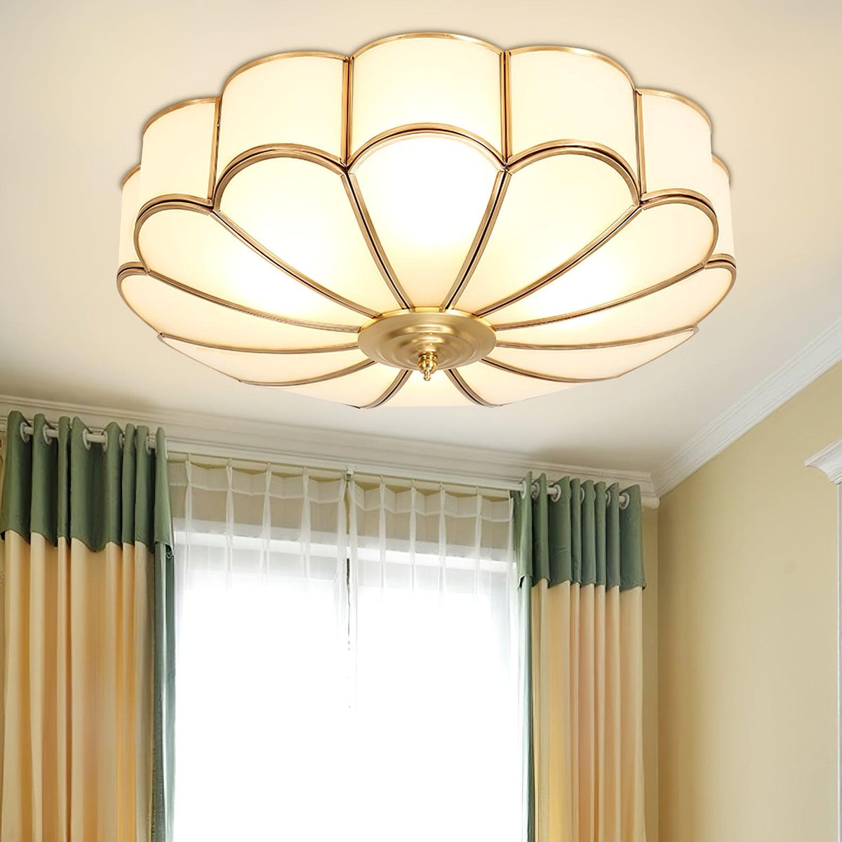 Flush Mount Glass Shade Fixture with Brass Frame Round Design for Entryway Kitchen Bedroom Ambient Overhead Lighting Home Décor | Thomler