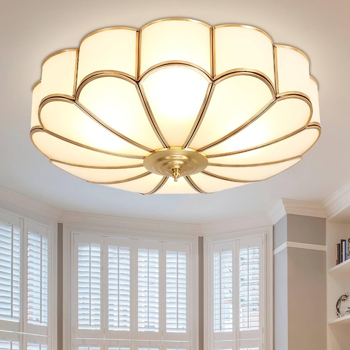 Flush Mount Glass Shade Fixture with Brass Frame Round Design for Entryway Kitchen Bedroom Ambient Overhead Lighting Home Décor | Thomler