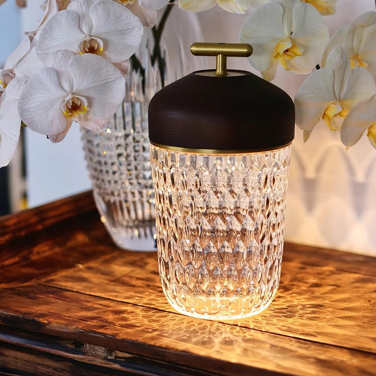 Rechargeable Crystal Desk Lamp with Wood Accents & USB Port – 11 in Cordless LED Reading Light for Nightstand, Office, Bedroom, Patio | Thomler