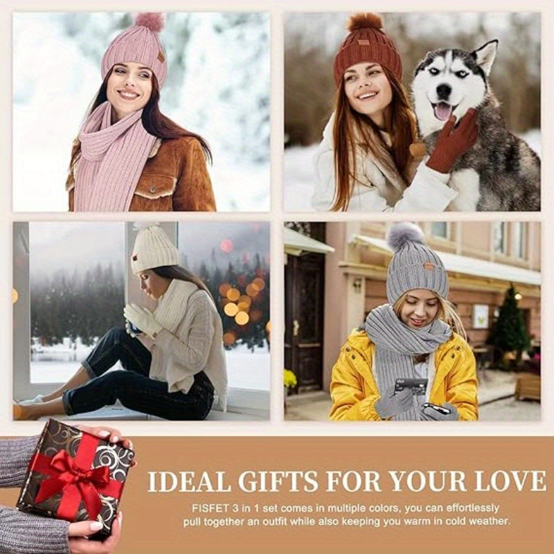 Strickmützen-, Schal- und Handschuh-Set für Damen und Herren, Winter-Accessoires, Bommelmütze, Kälteschutzausrüstung, Touchscreen-Fingerspitzen, Unisex