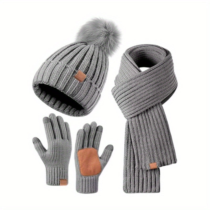 Strickmützen-, Schal- und Handschuh-Set für Damen und Herren, Winter-Accessoires, Bommelmütze, Kälteschutzausrüstung, Touchscreen-Fingerspitzen, Unisex