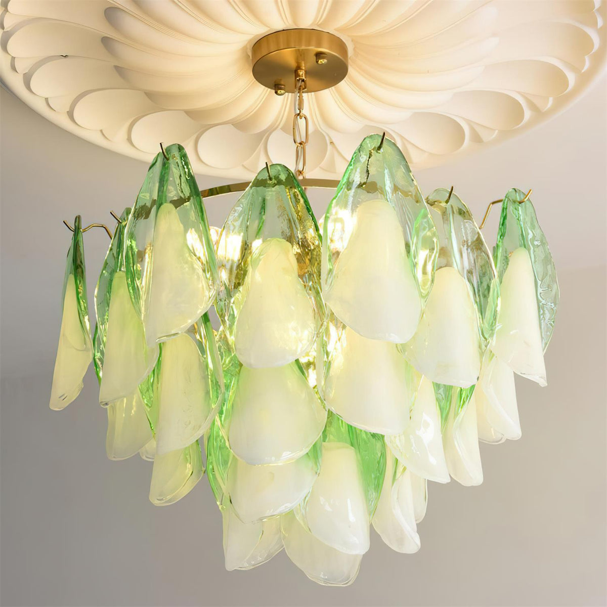 Tiered Glass Petal Ceiling Light Gold Metal Frame for Dining Rooms Living Rooms Foyers Adjustable 20-39 Inch Multi-Level Ambient Fixture | Thomler