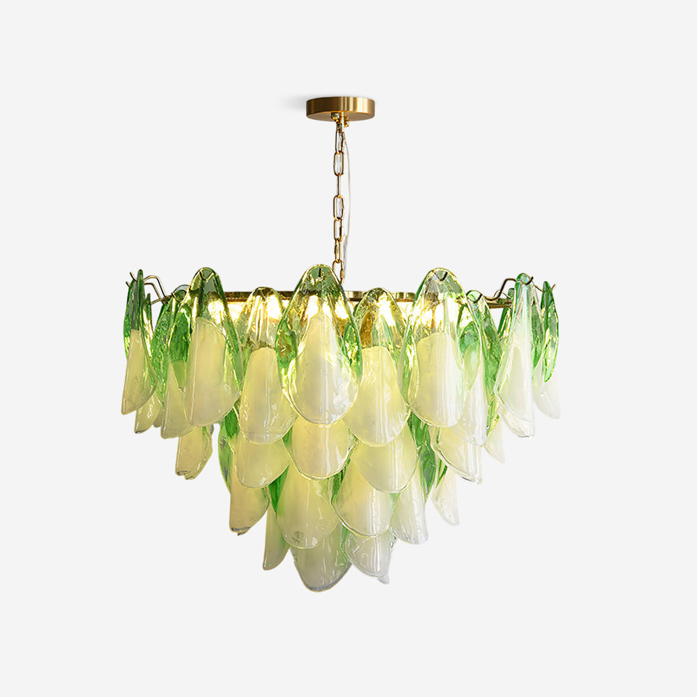 Gelaagde glazen bloemblaadjes plafondlamp, goudkleurig metalen frame voor eetkamers, woonkamers, hallen, verstelbaar 50-100 cm, sfeervolle armatuur met meerdere niveaus | Thomler