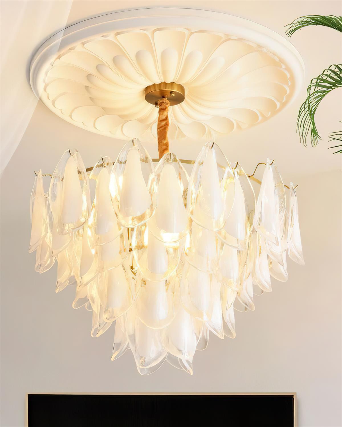 Tiered Glass Petal Ceiling Light Gold Metal Frame for Dining Rooms Living Rooms Foyers Adjustable 20-39 Inch Multi-Level Ambient Fixture | Thomler