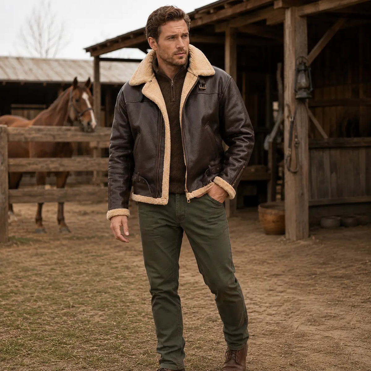 Men's Faux Shearling Aviator Jacket – Insulated Leather Look Bomber Coat with High Collar
